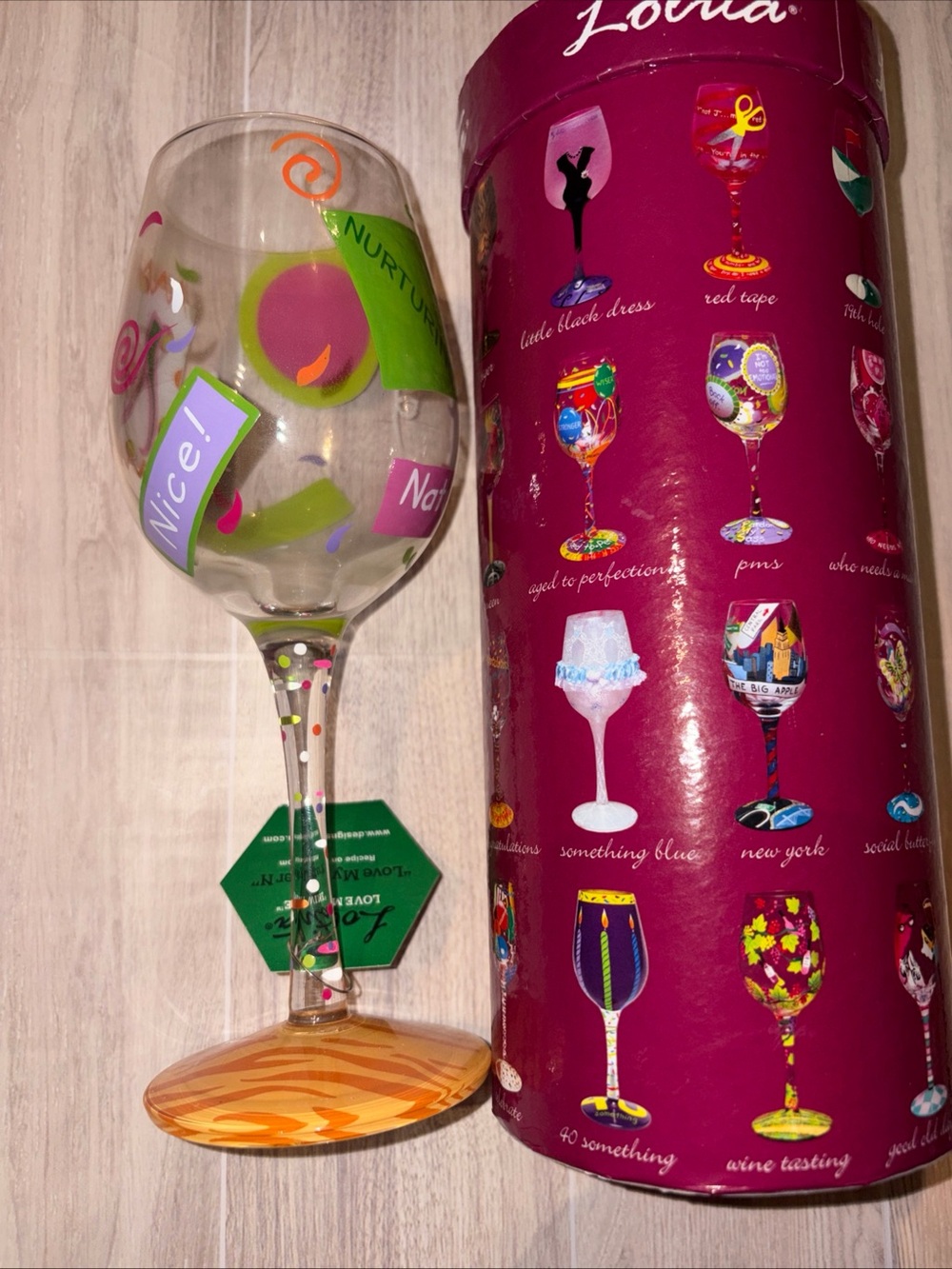 Lolita Decorative Wine Glass with Green, Purple, Orange and Pink Accents